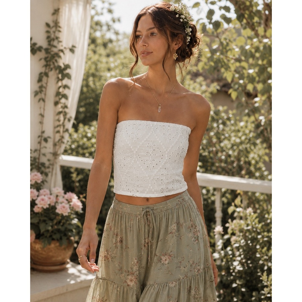 Alice + Olivia White Eyelet Strapless Crop Top Size 6 Fairycore Boho